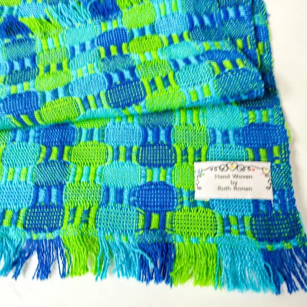 Artist Weaver Ruth Ronan Handwoven Blue Green Table Runner
